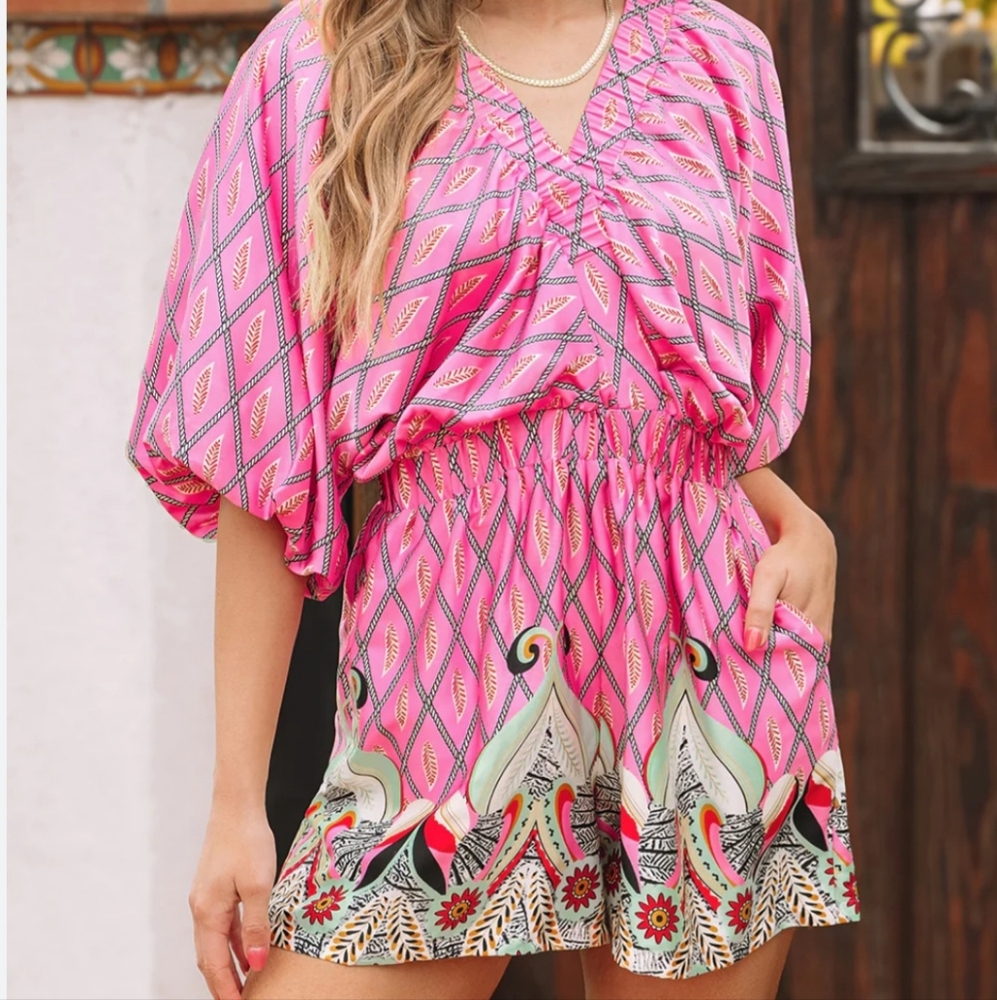 Meet Me in Santorini Pink & Paisley Printed Puffed Sleeve Romper